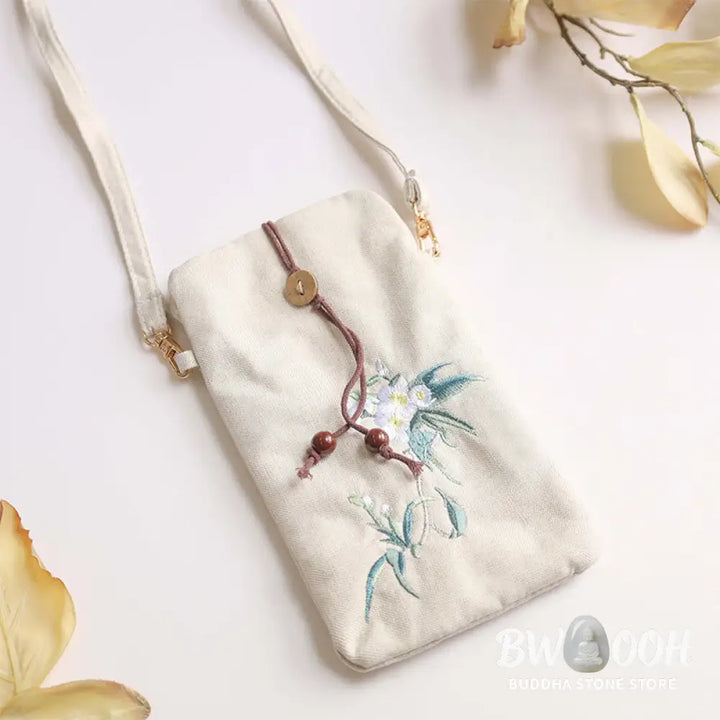 Buddha Stones Small Embroidered Flowers Crossbody Bag Shoulder Bag Cellphone Bag 11*20cm - Crossbody Bag