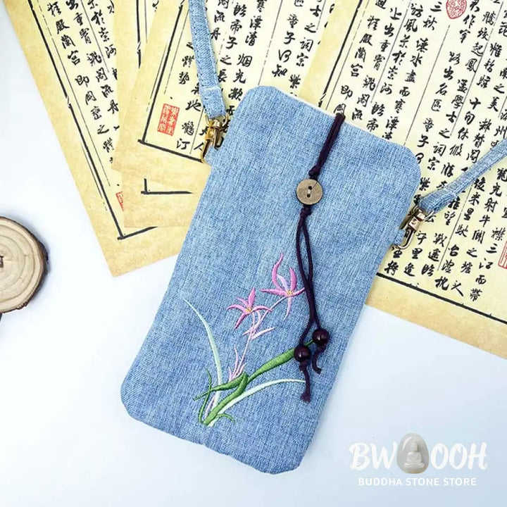 Buddha Stones Small Embroidered Flowers Crossbody Bag Shoulder Bag Cellphone Bag 11*20cm - Crossbody Bag