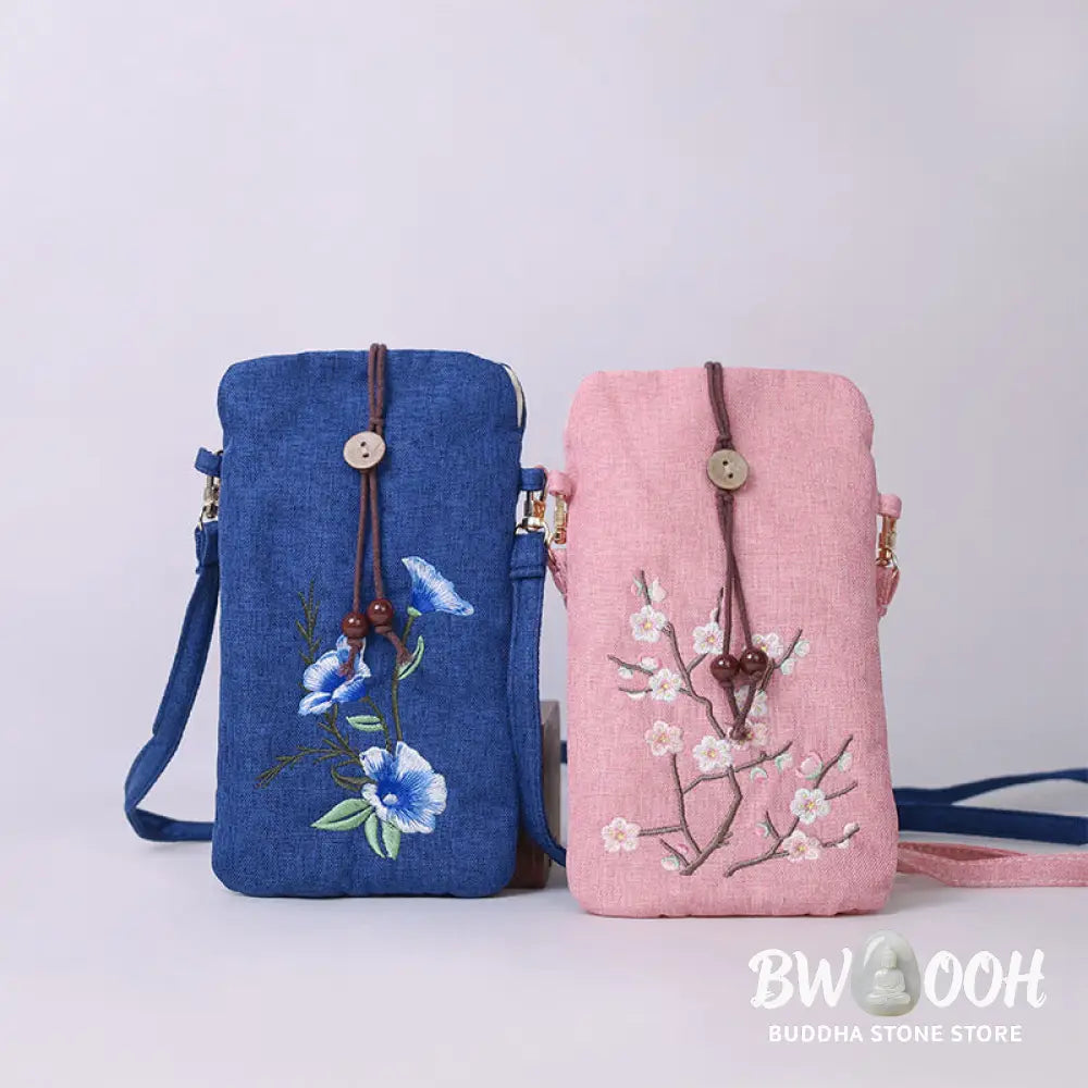 Buddha Stones Small Embroidered Flowers Crossbody Bag Shoulder Bag Cellphone Bag 11*20cm - Crossbody Bag