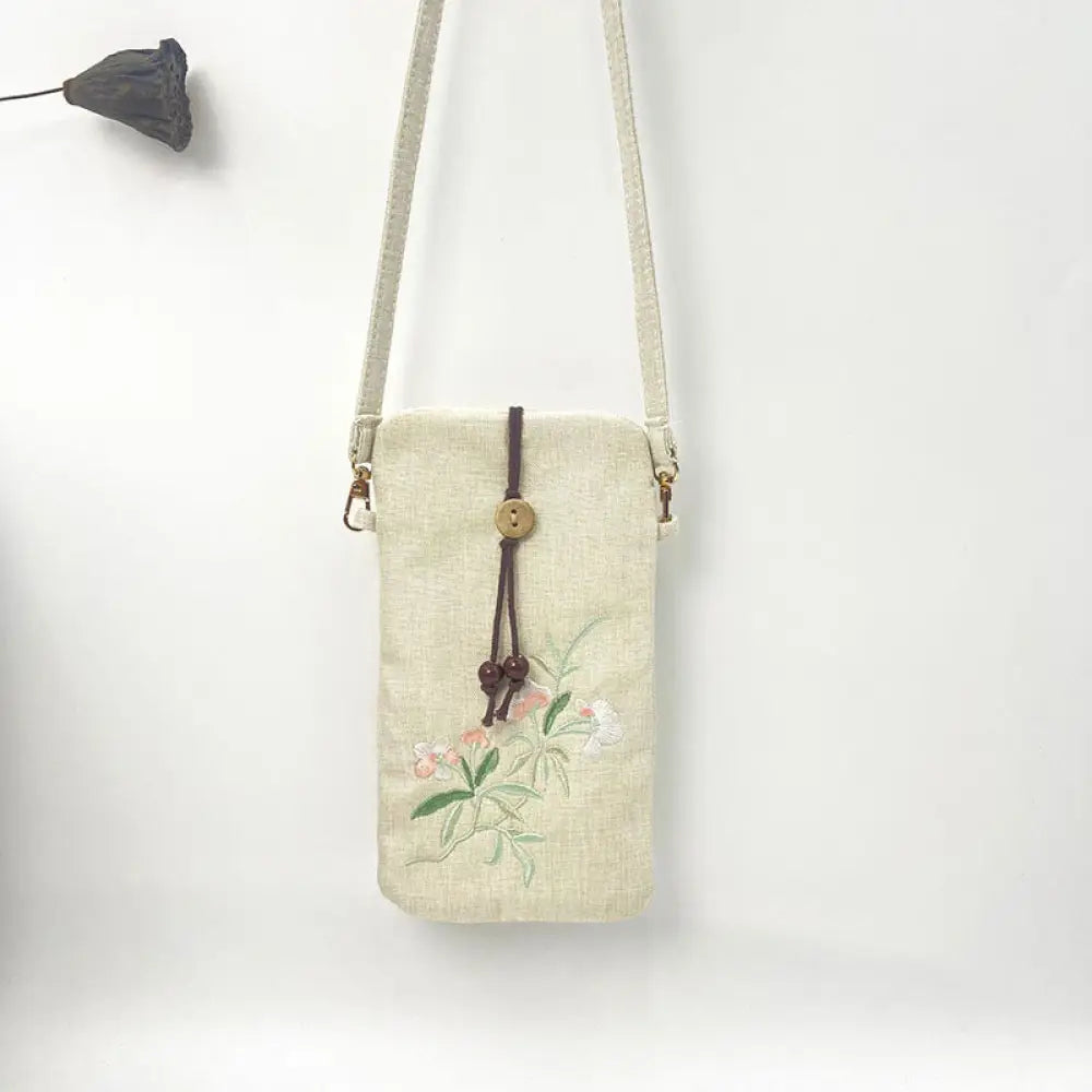 Buddha Stones Small Embroidered Flowers Crossbody Bag Shoulder Bag Cellphone Bag 11*20cm - Beige Flower Pink White