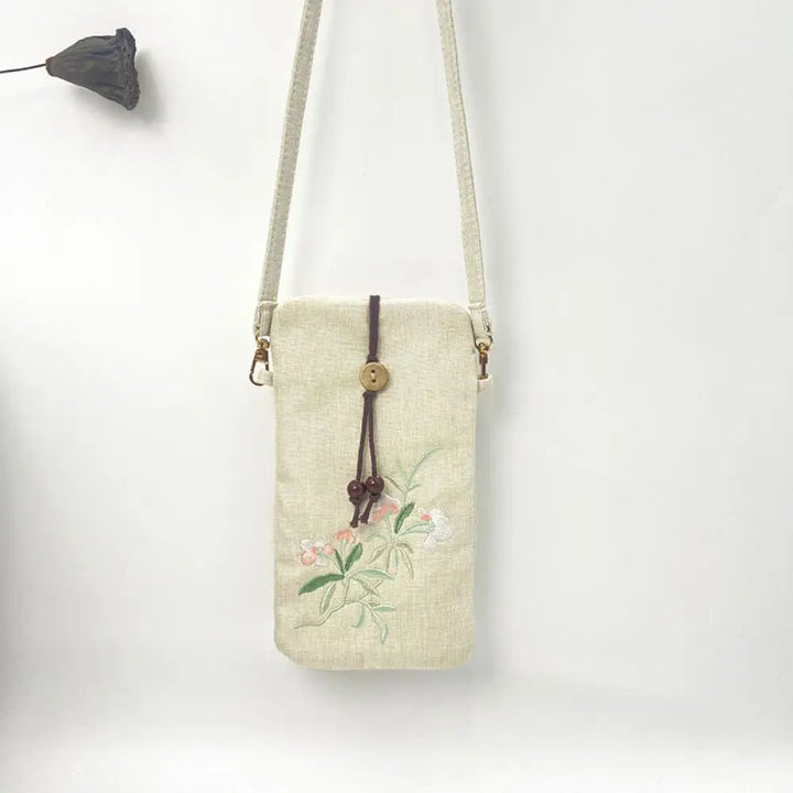 Buddha Stones Small Embroidered Flowers Crossbody Bag Shoulder Bag Cellphone Bag 11*20cm - Beige Flower Pink White