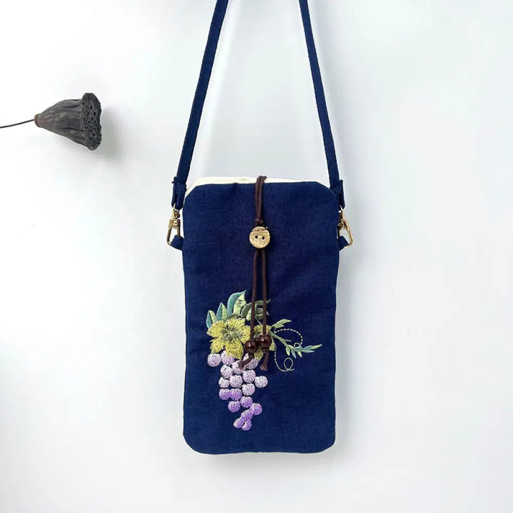 Buddha Stones Small Embroidered Flowers Crossbody Bag Shoulder Bag Cellphone Bag 11*20cm - Dark Blue Grape 11*20cm