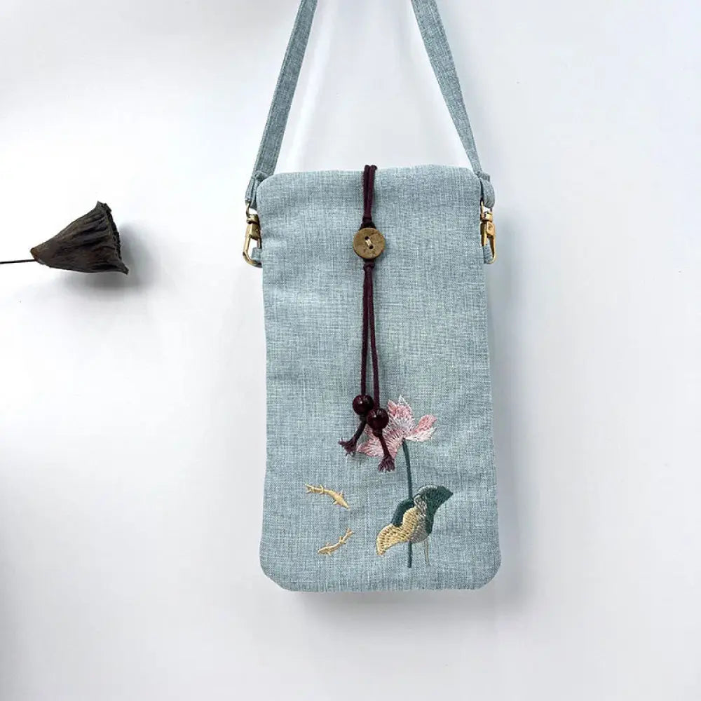 Buddha Stones Small Embroidered Flowers Crossbody Bag Shoulder Bag Cellphone Bag 11*20cm - Light Blue Lotus Fish