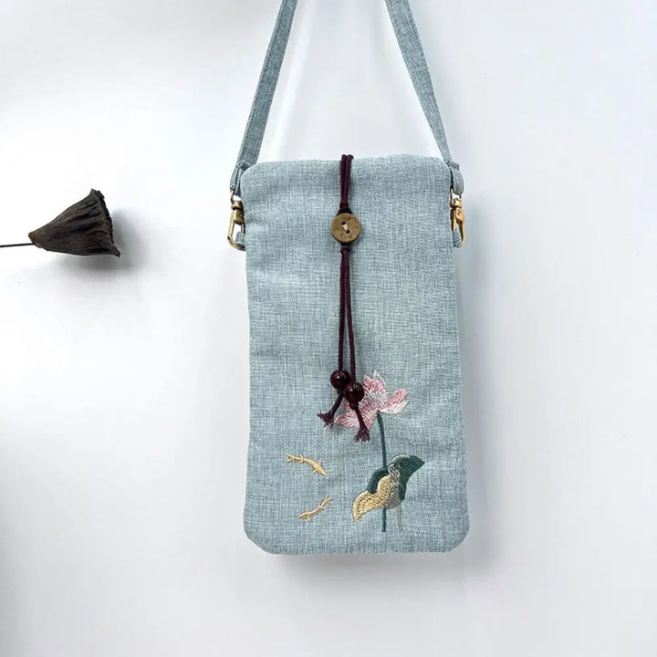 Buddha Stones Small Embroidered Flowers Crossbody Bag Shoulder Bag Cellphone Bag 11*20cm - Light Blue Lotus Fish