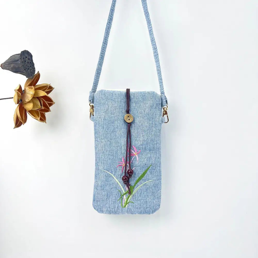 Buddha Stones Small Embroidered Flowers Crossbody Bag Shoulder Bag Cellphone Bag 11*20cm - Light Blue Orchid 11*20cm