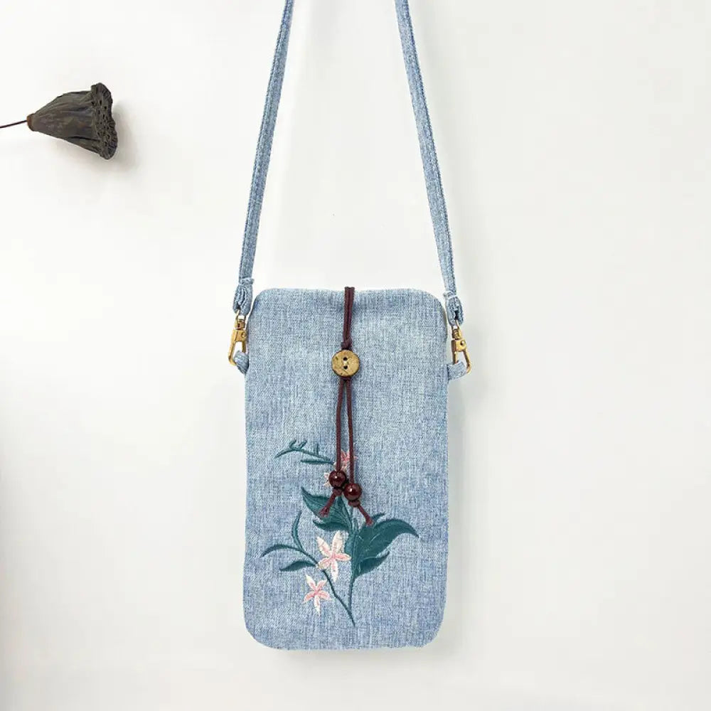 Buddha Stones Small Embroidered Flowers Crossbody Bag Shoulder Bag Cellphone Bag 11*20cm - Light Blue Pink Flower