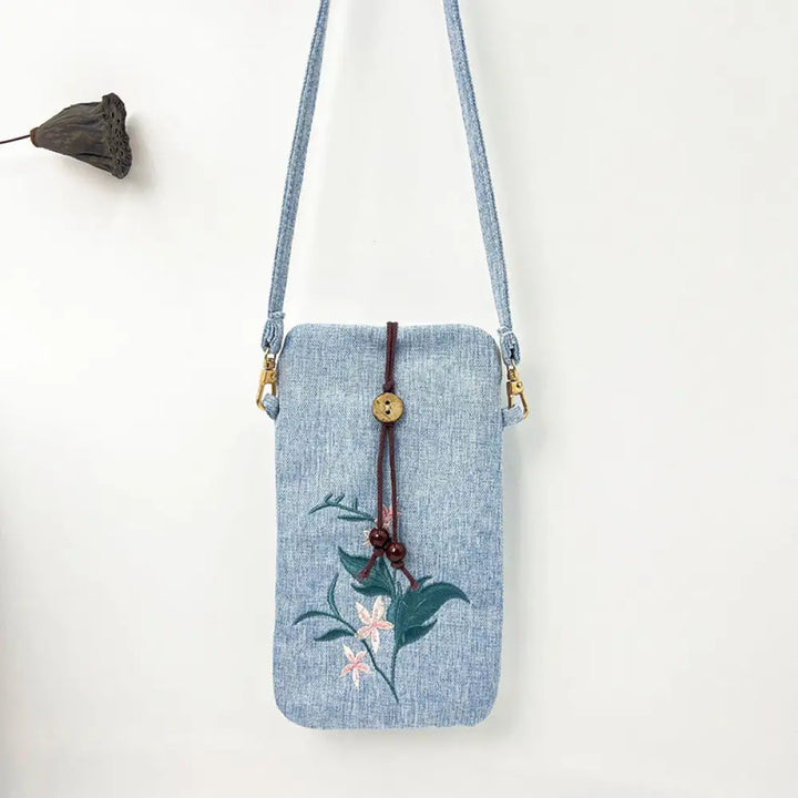Buddha Stones Small Embroidered Flowers Crossbody Bag Shoulder Bag Cellphone Bag 11*20cm - Light Blue Pink Flower