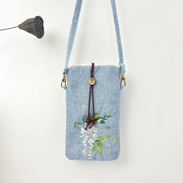 Buddha Stones Small Embroidered Flowers Crossbody Bag Shoulder Bag Cellphone Bag 11*20cm - Light Blue Wisteria Flower