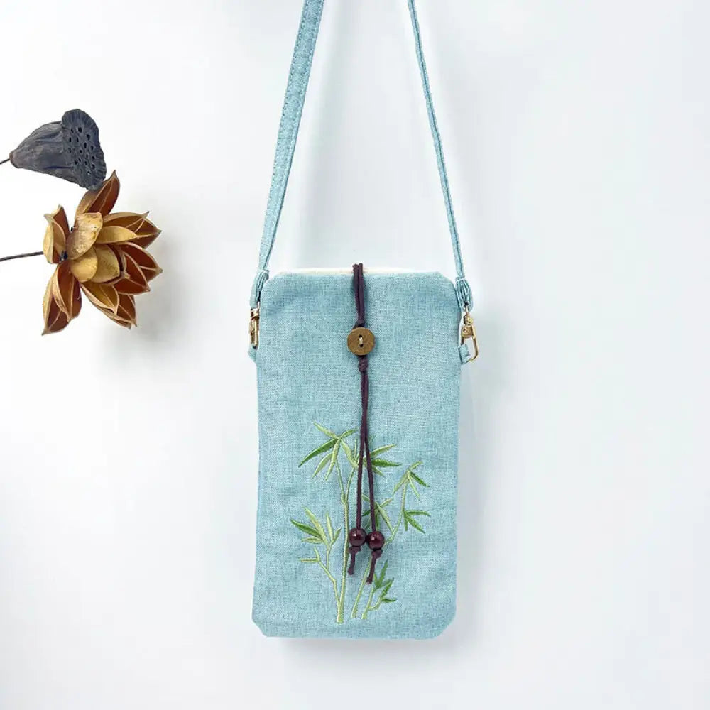 Buddha Stones Small Embroidered Flowers Crossbody Bag Shoulder Bag Cellphone Bag 11*20cm - Light Green Bamboo 11*20cm