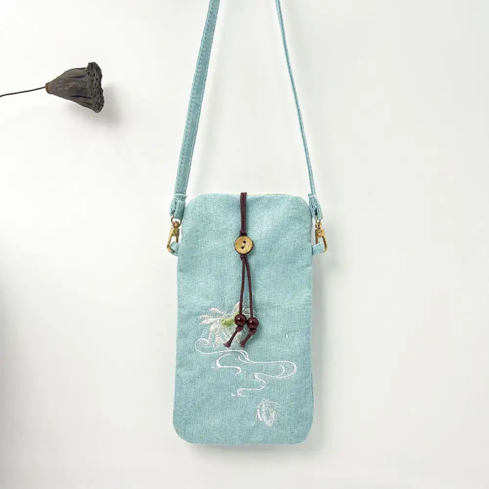 Buddha Stones Small Embroidered Flowers Crossbody Bag Shoulder Bag Cellphone Bag 11*20cm - Light Green Lotus 11*20cm