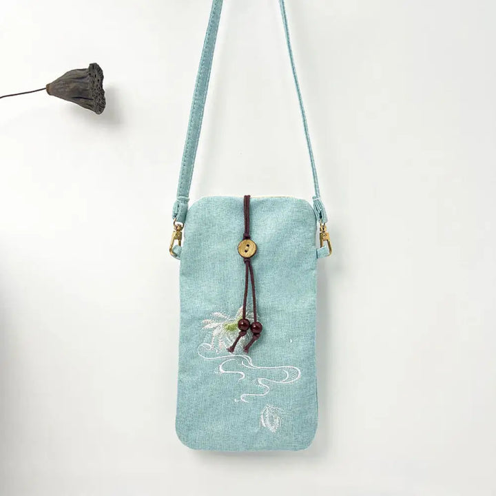 Buddha Stones Small Embroidered Flowers Crossbody Bag Shoulder Bag Cellphone Bag 11*20cm - Light Green Lotus 11*20cm