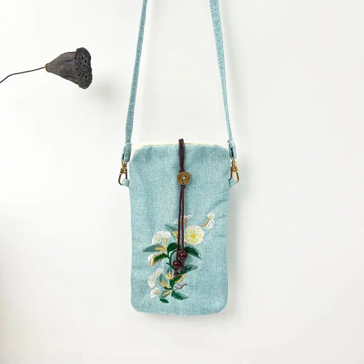 Buddha Stones Small Embroidered Flowers Crossbody Bag Shoulder Bag Cellphone Bag 11*20cm - Light Green White Plum