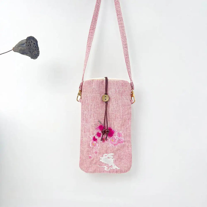 Buddha Stones Small Embroidered Flowers Crossbody Bag Shoulder Bag Cellphone Bag 11*20cm - Light Pink Cherry Blossom
