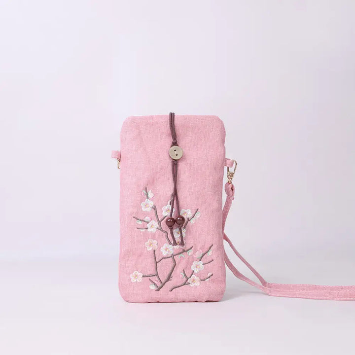 Buddha Stones Small Embroidered Flowers Crossbody Bag Shoulder Bag Cellphone Bag 11*20cm - Light Pink Plum Blossom