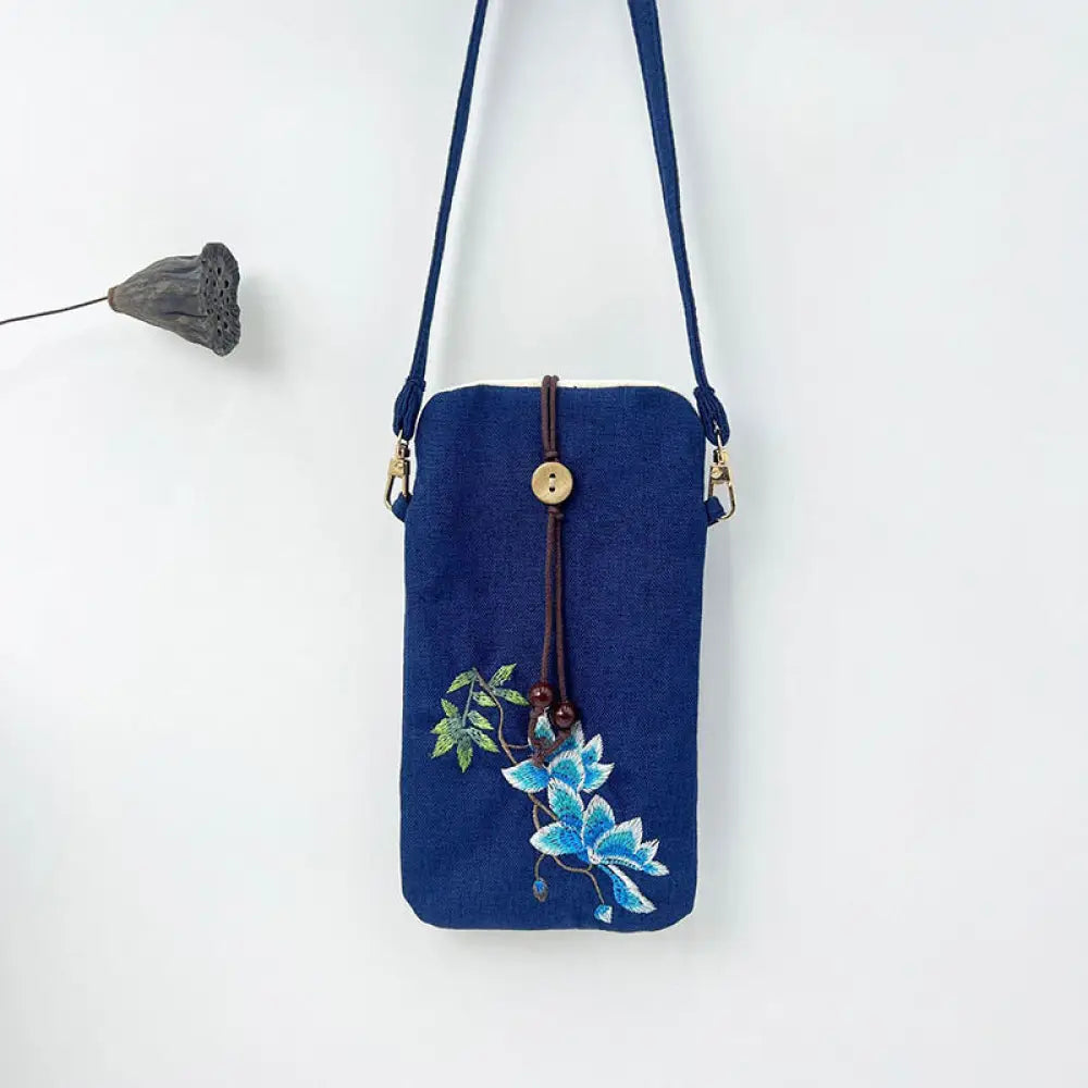 Buddha Stones Small Embroidered Flowers Crossbody Bag Shoulder Bag Cellphone Bag 11*20cm - Navy Blue Magnolia 11*20cm