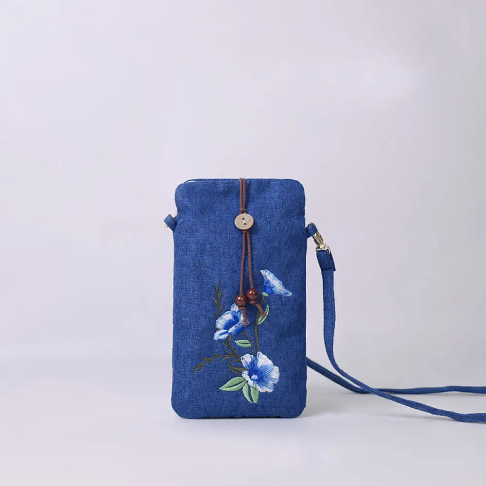 Buddha Stones Small Embroidered Flowers Crossbody Bag Shoulder Bag Cellphone Bag 11*20cm - Navy Morning Glory 11*20cm