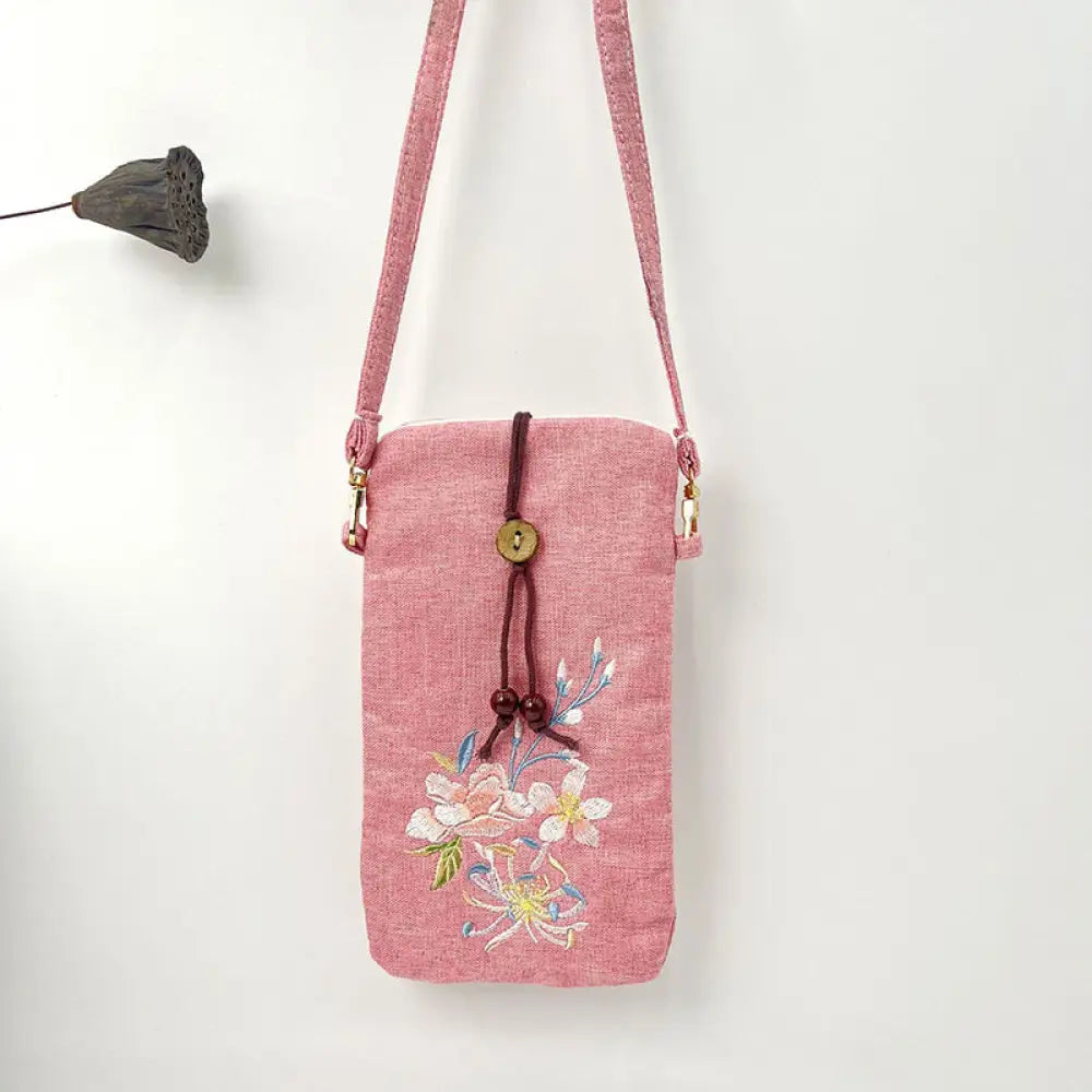 Buddha Stones Small Embroidered Flowers Crossbody Bag Shoulder Bag Cellphone Bag 11*20cm - Pink Peach Blossom 11*20cm