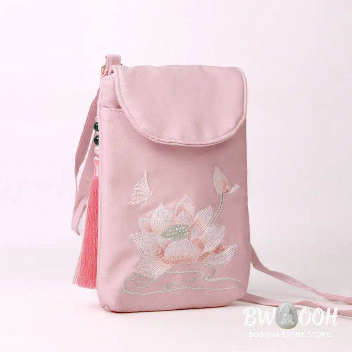 Buddha Stones Small Embroidered Flowers Crossbody Bag Shoulder Bag Double Layer Cellphone Bag - Crossbody Bag