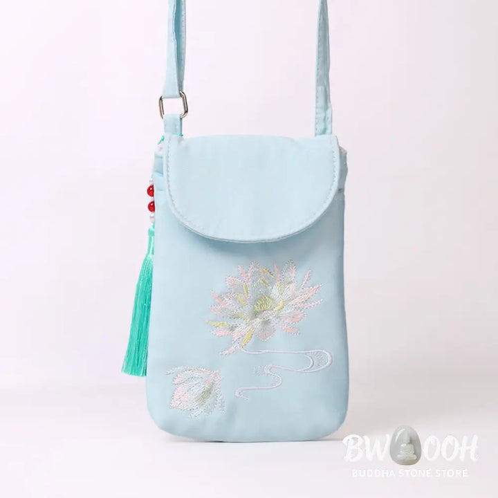 Buddha Stones Small Embroidered Flowers Crossbody Bag Shoulder Bag Double Layer Cellphone Bag - Crossbody Bag
