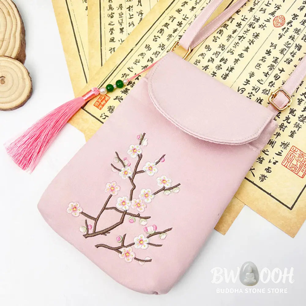 Buddha Stones Small Embroidered Flowers Crossbody Bag Shoulder Bag Double Layer Cellphone Bag - Crossbody Bag