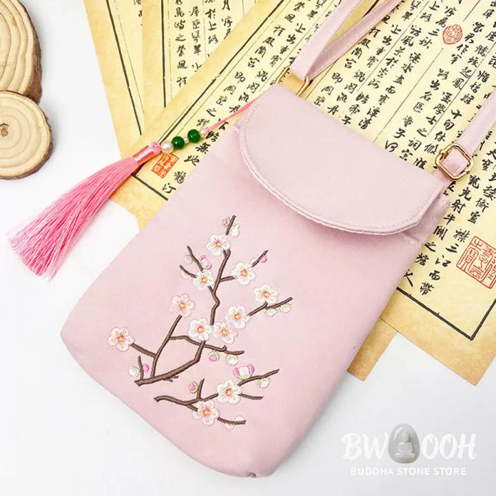 Buddha Stones Small Embroidered Flowers Crossbody Bag Shoulder Bag Double Layer Cellphone Bag - Crossbody Bag
