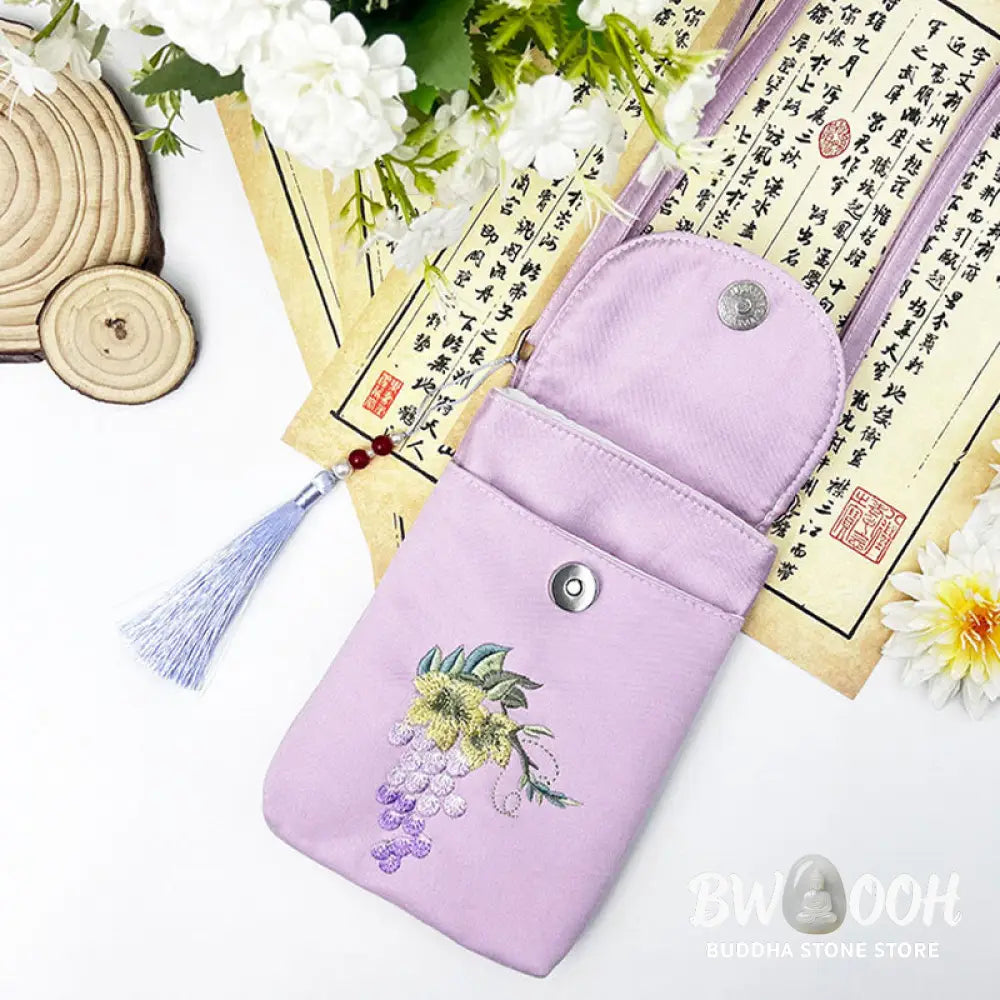 Buddha Stones Small Embroidered Flowers Crossbody Bag Shoulder Bag Double Layer Cellphone Bag - Crossbody Bag