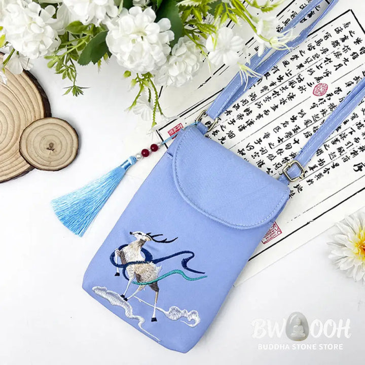 Buddha Stones Small Embroidered Flowers Crossbody Bag Shoulder Bag Double Layer Cellphone Bag - Crossbody Bag