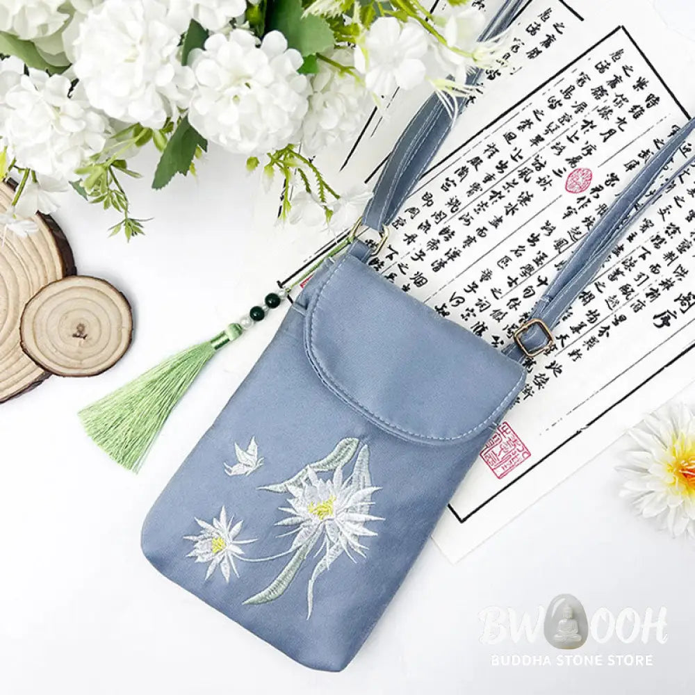 Buddha Stones Small Embroidered Flowers Crossbody Bag Shoulder Bag Double Layer Cellphone Bag - Crossbody Bag