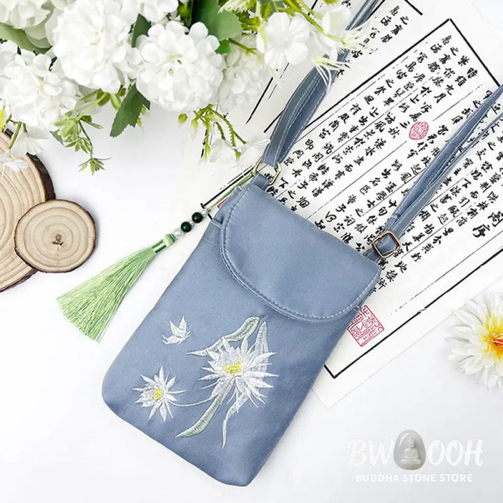 Buddha Stones Small Embroidered Flowers Crossbody Bag Shoulder Bag Double Layer Cellphone Bag - Crossbody Bag