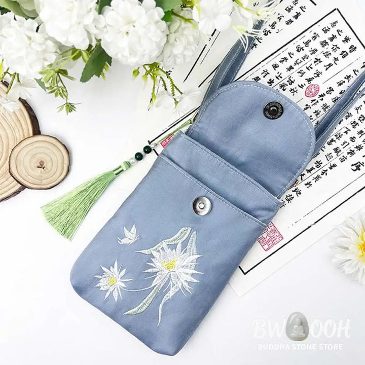 Buddha Stones Small Embroidered Flowers Crossbody Bag Shoulder Bag Double Layer Cellphone Bag - Crossbody Bag