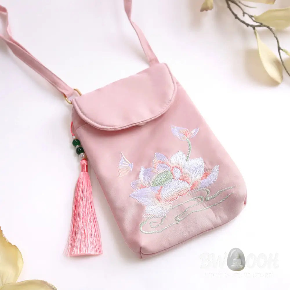 Buddha Stones Small Embroidered Flowers Crossbody Bag Shoulder Bag Double Layer Cellphone Bag - Crossbody Bag