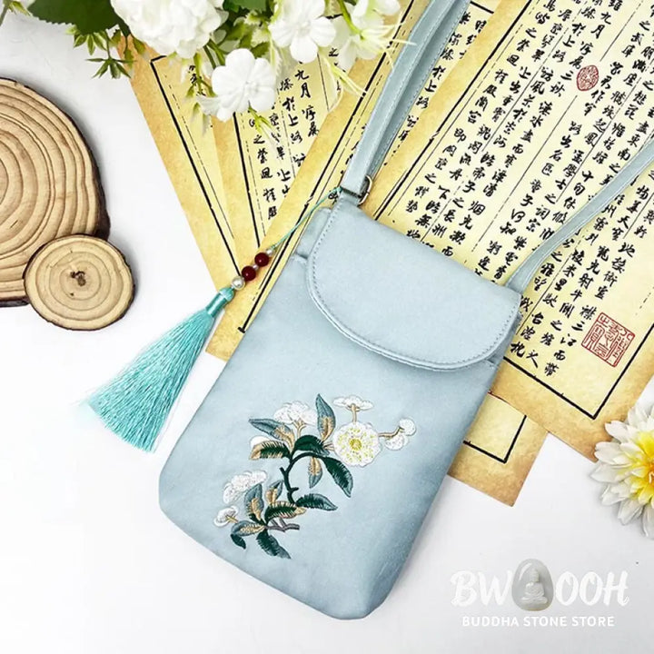 Buddha Stones Small Embroidered Flowers Crossbody Bag Shoulder Bag Double Layer Cellphone Bag - Crossbody Bag