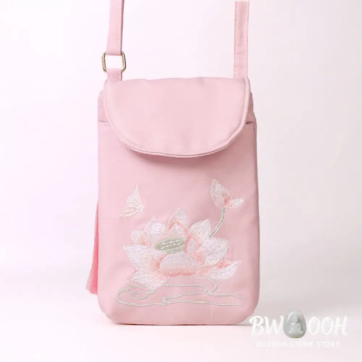 Buddha Stones Small Embroidered Flowers Crossbody Bag Shoulder Bag Double Layer Cellphone Bag - Crossbody Bag