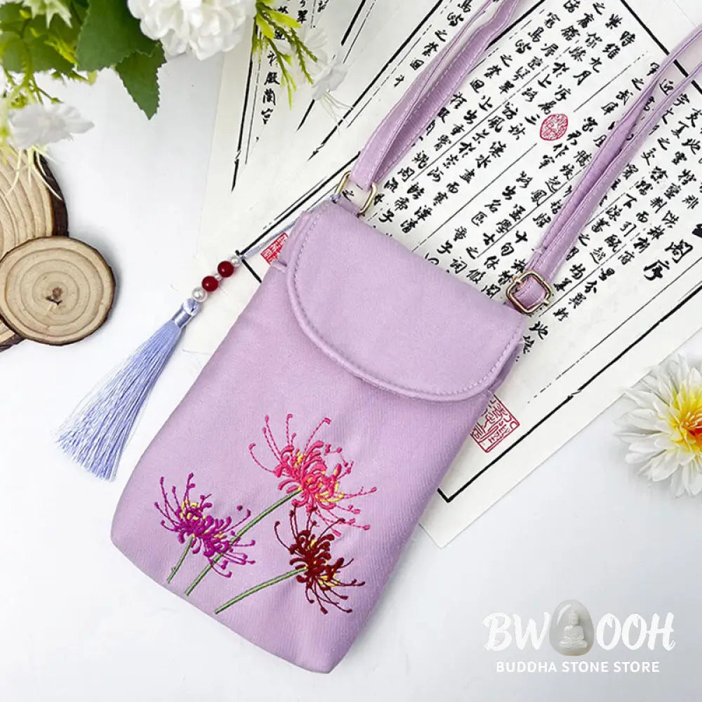 Buddha Stones Small Embroidered Flowers Crossbody Bag Shoulder Bag Double Layer Cellphone Bag - Crossbody Bag