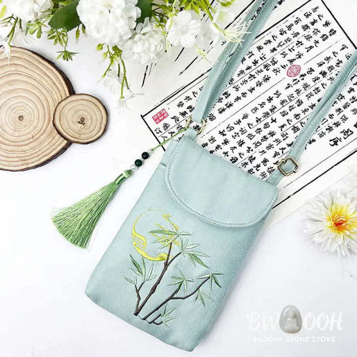 Buddha Stones Small Embroidered Flowers Crossbody Bag Shoulder Bag Double Layer Cellphone Bag - Crossbody Bag