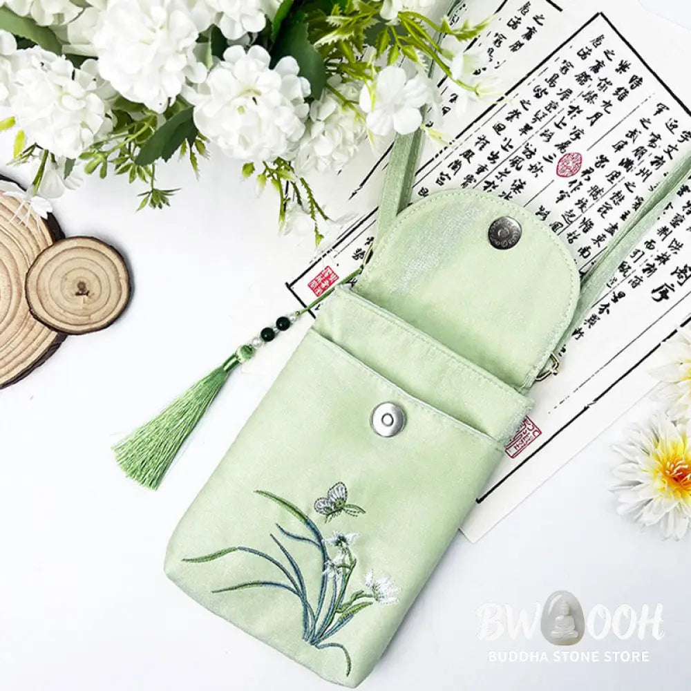 Buddha Stones Small Embroidered Flowers Crossbody Bag Shoulder Bag Double Layer Cellphone Bag - Crossbody Bag