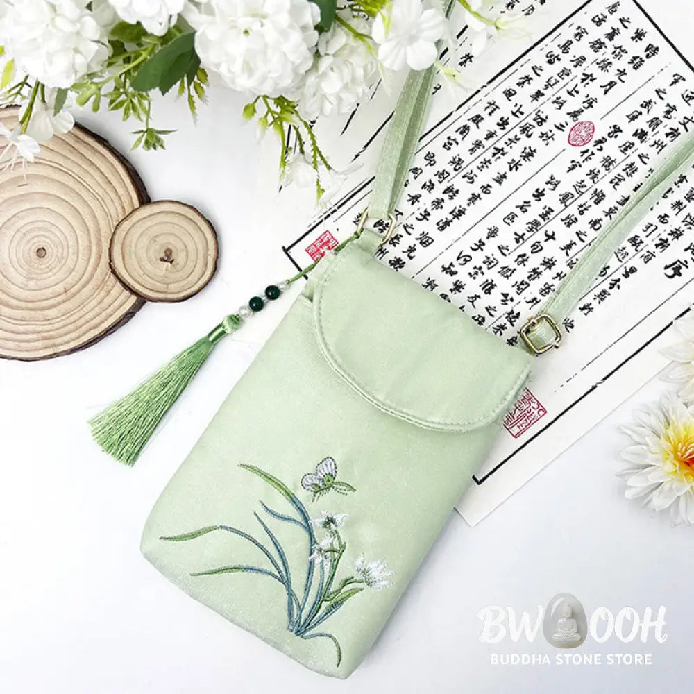 Buddha Stones Small Embroidered Flowers Crossbody Bag Shoulder Bag Double Layer Cellphone Bag - Crossbody Bag