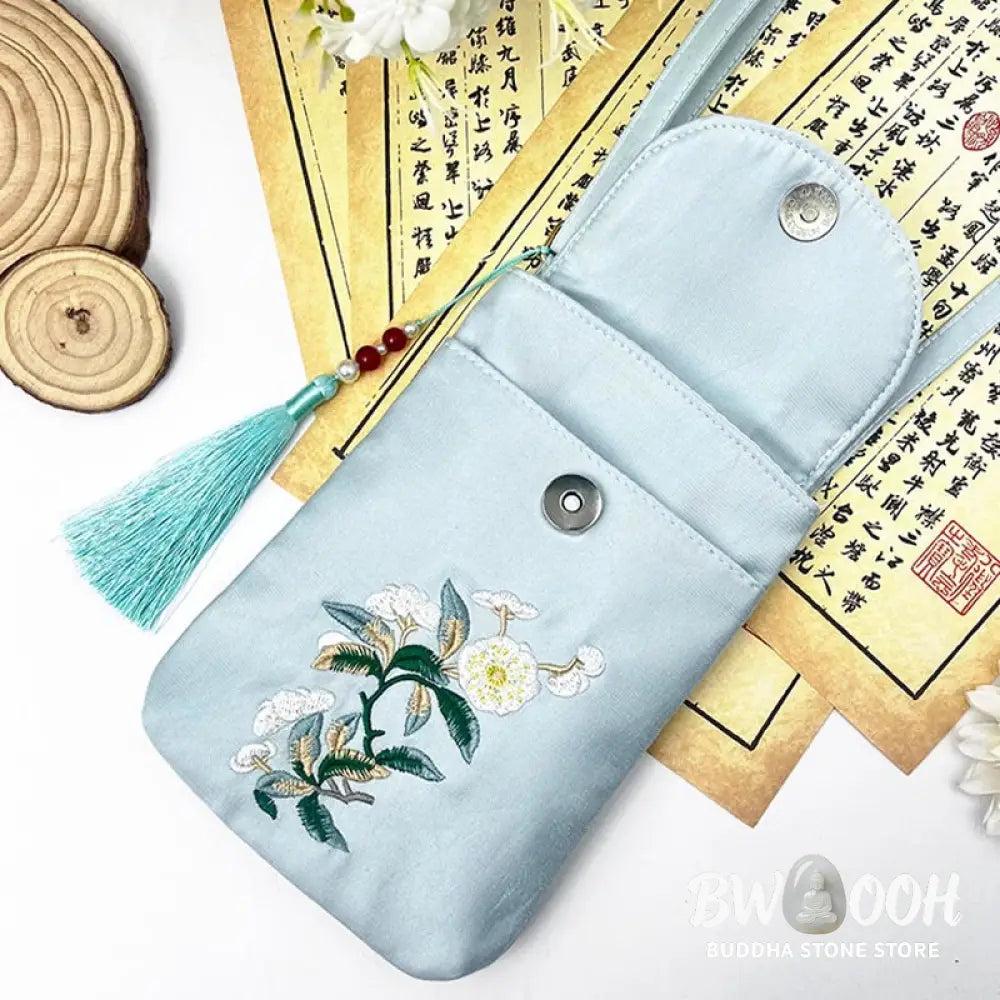 Buddha Stones Small Embroidered Flowers Crossbody Bag Shoulder Bag Double Layer Cellphone Bag - Crossbody Bag