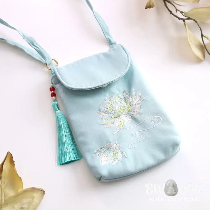 Buddha Stones Small Embroidered Flowers Crossbody Bag Shoulder Bag Double Layer Cellphone Bag - Crossbody Bag