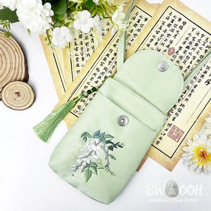 Buddha Stones Small Embroidered Flowers Crossbody Bag Shoulder Bag Double Layer Cellphone Bag - Crossbody Bag