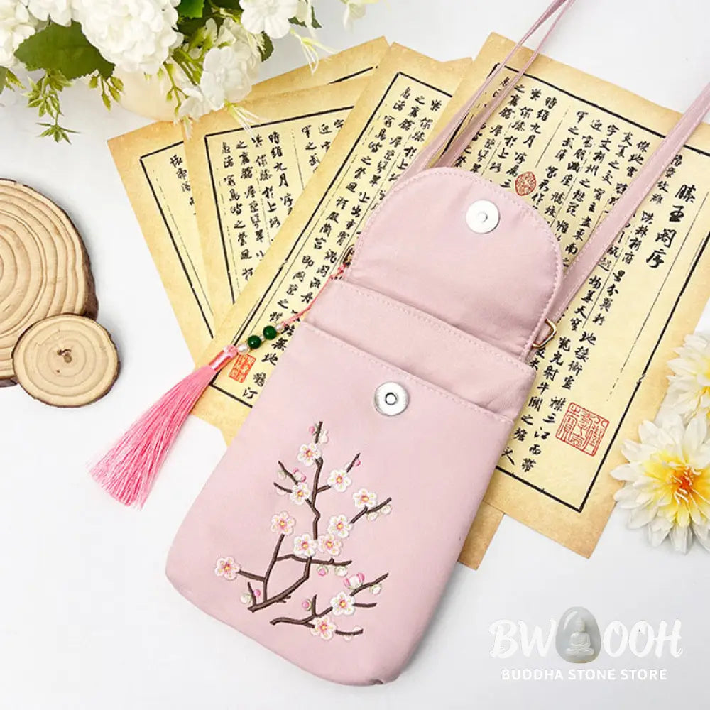 Buddha Stones Small Embroidered Flowers Crossbody Bag Shoulder Bag Double Layer Cellphone Bag - Crossbody Bag