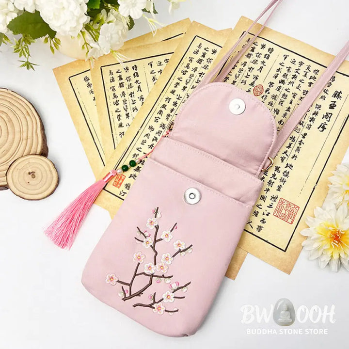 Buddha Stones Small Embroidered Flowers Crossbody Bag Shoulder Bag Double Layer Cellphone Bag - Crossbody Bag