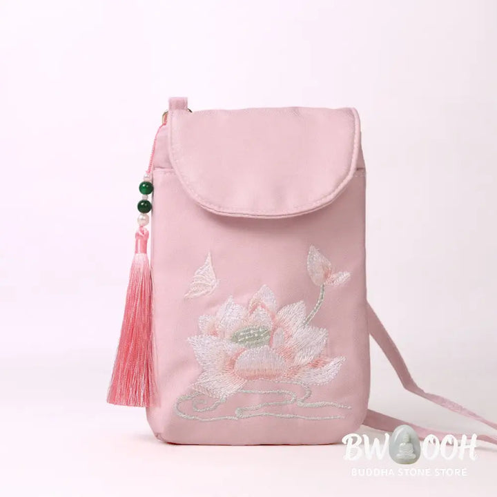 Buddha Stones Small Embroidered Flowers Crossbody Bag Shoulder Bag Double Layer Cellphone Bag - Crossbody Bag
