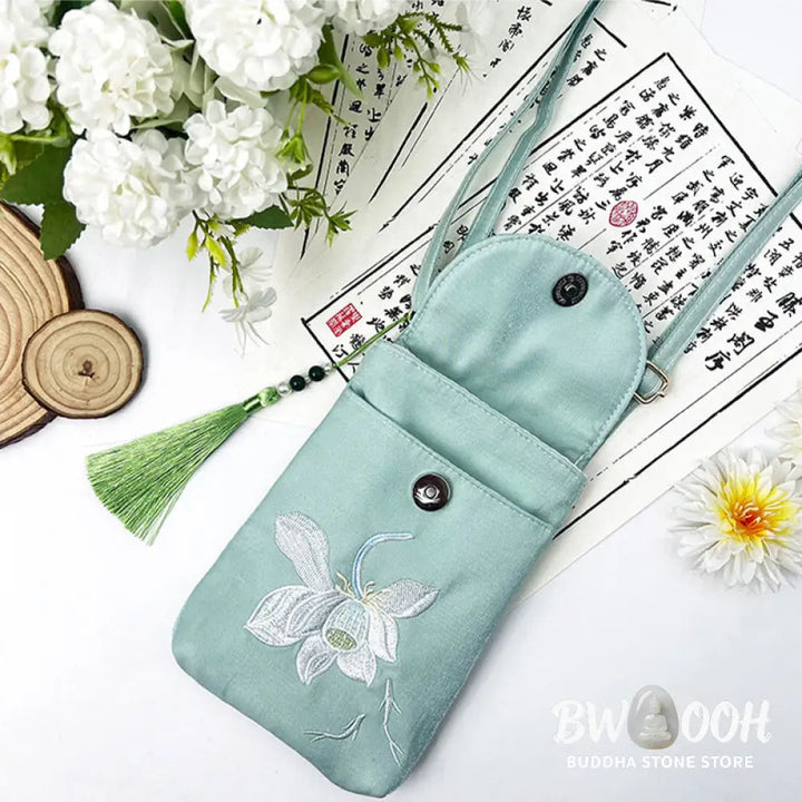 Buddha Stones Small Embroidered Flowers Crossbody Bag Shoulder Bag Double Layer Cellphone Bag - Crossbody Bag