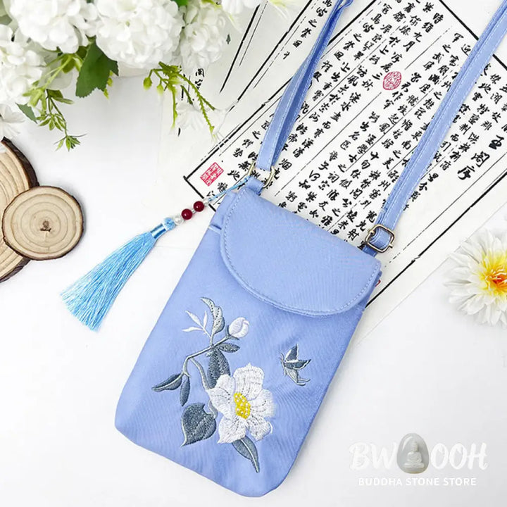 Buddha Stones Small Embroidered Flowers Crossbody Bag Shoulder Bag Double Layer Cellphone Bag - Crossbody Bag