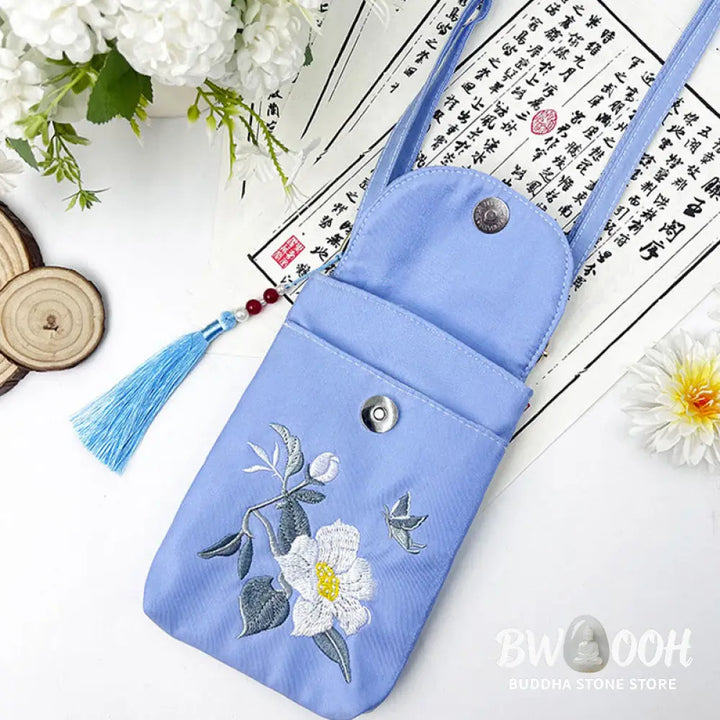 Buddha Stones Small Embroidered Flowers Crossbody Bag Shoulder Bag Double Layer Cellphone Bag - Crossbody Bag