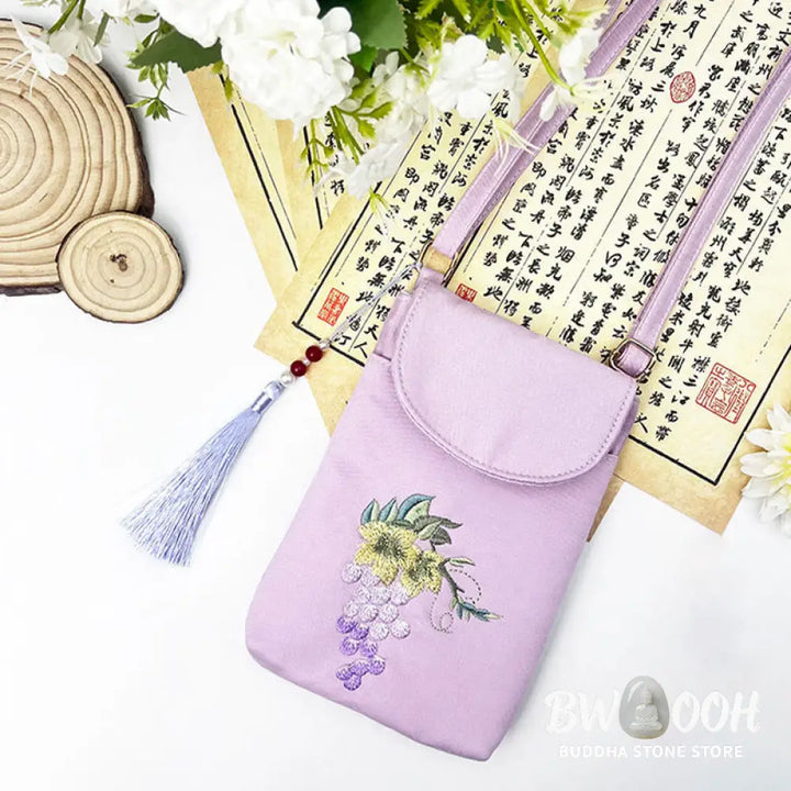Buddha Stones Small Embroidered Flowers Crossbody Bag Shoulder Bag Double Layer Cellphone Bag - Crossbody Bag