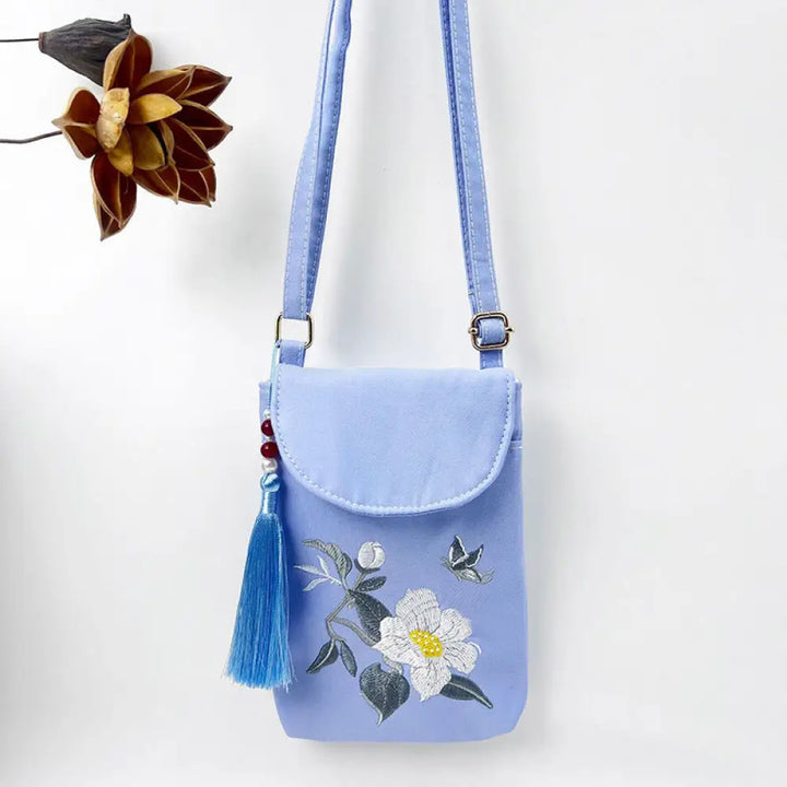 Buddha Stones Small Embroidered Flowers Crossbody Bag Shoulder Bag Double Layer Cellphone Bag - Blue Camellia