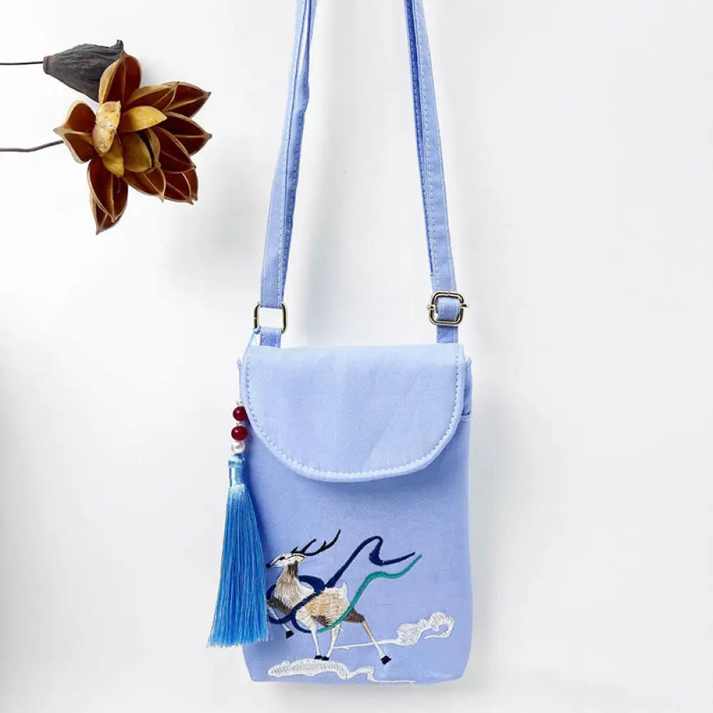 Buddha Stones Small Embroidered Flowers Crossbody Bag Shoulder Bag Double Layer Cellphone Bag - Blue Fairy Deer