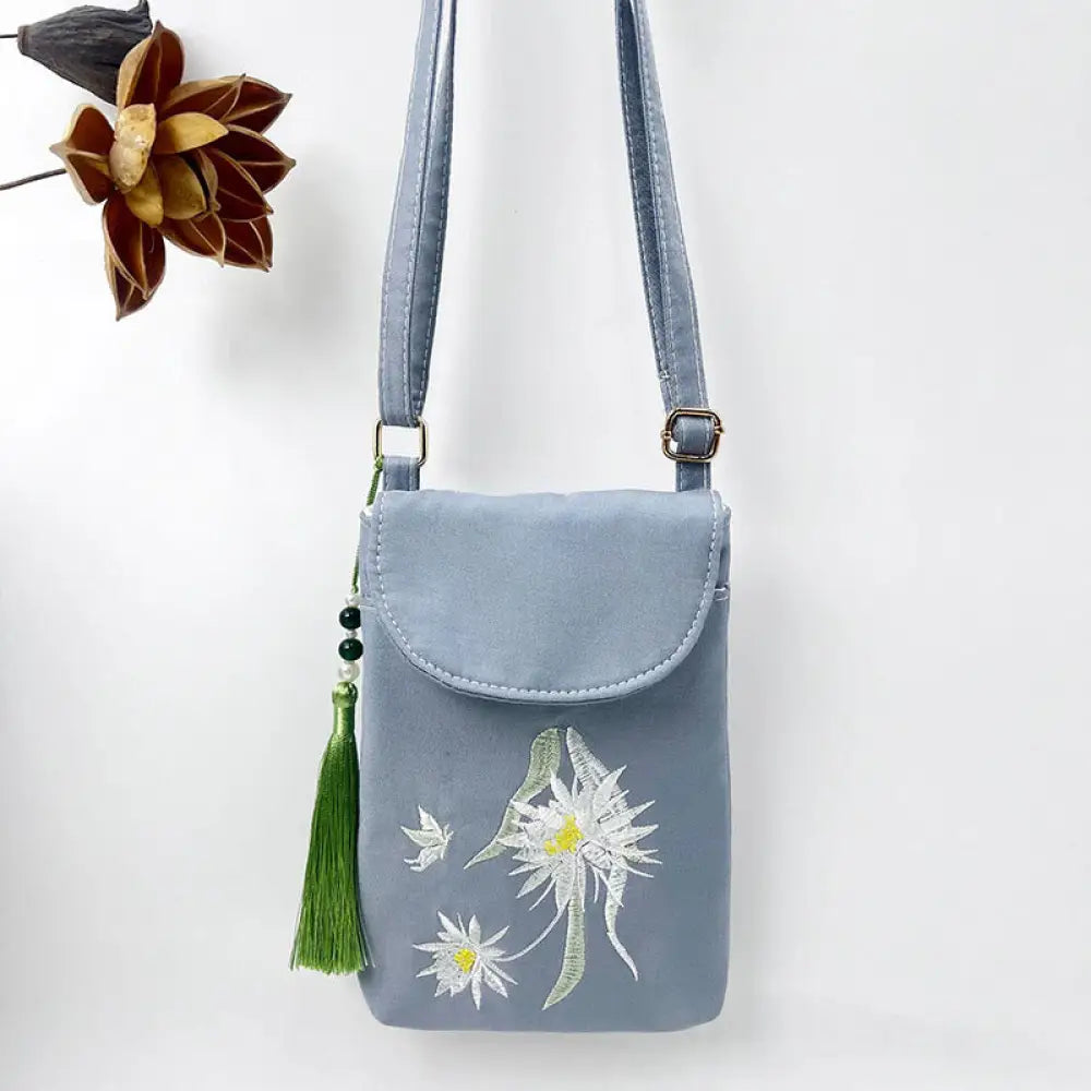 Buddha Stones Small Embroidered Flowers Crossbody Bag Shoulder Bag Double Layer Cellphone Bag - Gray Blue Epiphyllum